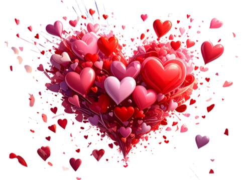 Burst of Valentine Hearts in Motion, Romantic Flying Symbols, Vector PNG