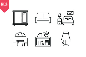 Set of line icons related to furniture, home decor, garden furniture, sofa, lamp, sofa, bedroom, sideboard. Editable stroke. Vector illustration