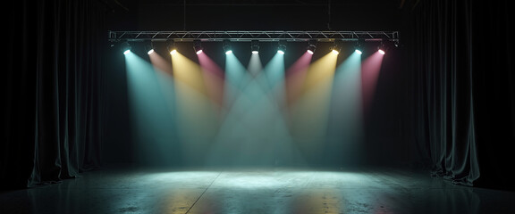 A row of stage lights with colorful gel filters for celebration