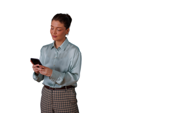 Professional woman using a smartphone, texting or browsing social media. Focused on mobile technology and online communication. Transparent background