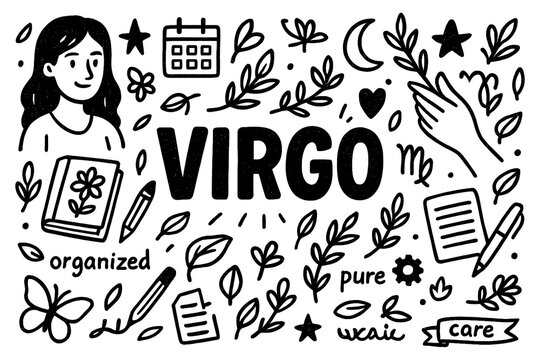 Virgo zodiac doodle with constellation, books, and organized elements in black and white hand-drawn style, Transparent Background