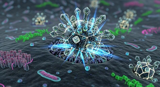 Microscopic view of viruses and bacteria, scientific illustration of pathogens.