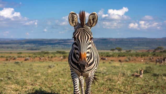 Grant's Zebra approaching the viewer in a crater setting, showcasing wildlife behavior