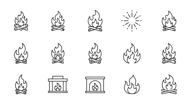 Set of fire and flame vector icons, including bonfires, fireplaces, and abstract fiery elements, presented as a clean, ordered line icon collection on a white background, perfect for digital and