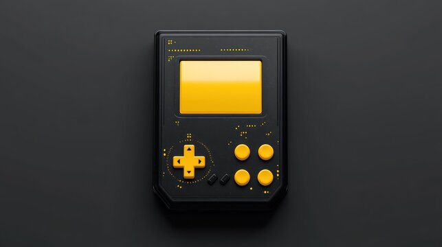 Modern handheld gaming console with a yellow screen and yellow buttons on a matte black body lying on a dark surface