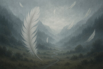 Serene mountain landscape with ethereal floating feathers evokes peace and tranquility, perfect for mindfulness campaigns or spiritual retreats