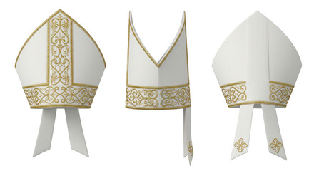 White bishop mitre hat with gold embroidery a catholic clergy headwear in multiple views