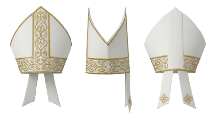 White bishop mitre hat with gold embroidery a catholic clergy headwear in multiple views