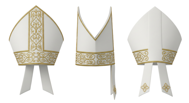 White bishop mitre hat with gold embroidery a catholic clergy headwear in multiple views