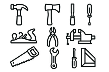 Obraz premium 10 icons of construction/repair tools, in line art style (clean black outlines, no fill). Each icon is minimalistic, with clear lines.