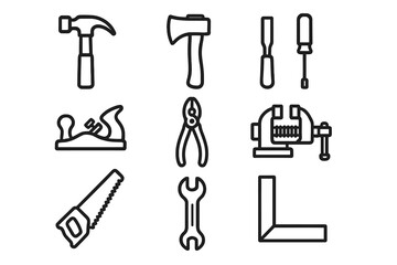 icons of construction/repair tools, in line art style (clean black outlines, no fill). Each icon is minimalistic, with clear lines.