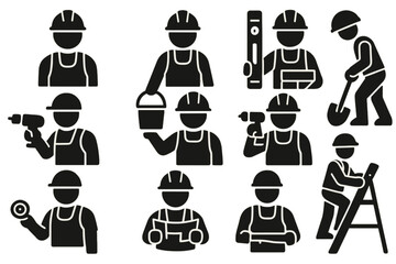 12 silhouette/black icon builders icons (black silhouettes on a white background). Each figure is a worker wearing a helmet and overalls, with different tools/actions.