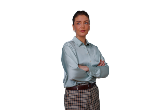 Businesswoman with arms crossed, exuding confidence and professionalism. Leadership and success concept. Transparent background