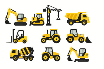12 colorful vector icons of construction equipment in flat design style with a dominant yellow palette (yellow + black + gray). All icons are filled, rounded, and minimalistic in detail.