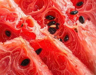 Close Up View of Slices of Watermelon Showing the Red Flesh and Black Seeds with Natural Light Food Photography