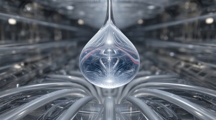 A futuristic drop in a symmetrical tunnel with metal tubes and red lighting. An abstract scene in the style of sci-fi and high technology.