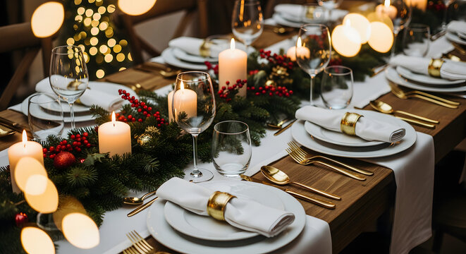 Festive holiday dining table elegantly set with glowing candles, sparkling fairy lights, and lush evergreen decor, creating a warm and inviting atmosphere for a special celebration meal