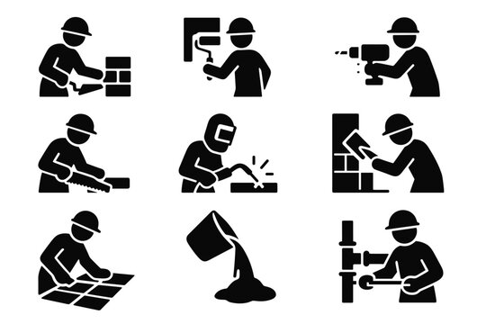 9 silhouette (black and white) vector icons depicting builders performing various activities. All icons are monochrome, filled with black, without outlines or color.