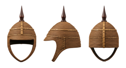 Traditional Asian wicker helmet with wooden spike in three views for warrior or soldier costume