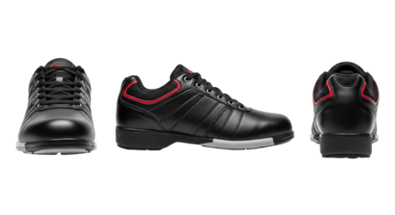 Black bowling shoe with red accents shown in three views for professional sport footwear gear