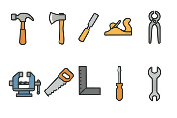 Fototapeta premium A set of 10 colorful vector icons (with thick outlines and fills) depicting hand tools for carpentry and metalwork.