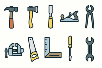 Obraz premium A set of 10 colorful vector icons (with thick outlines and fills) depicting hand tools for carpentry and metalwork.