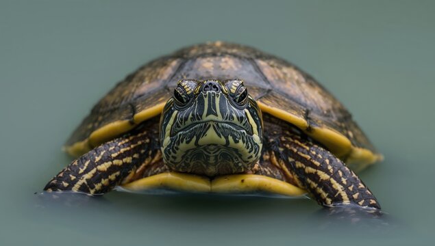 Close-up of a European Swamp Turtle, focusing on its unique shell texture and habitat features