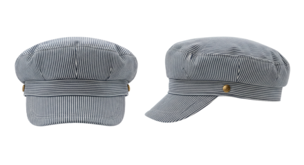 Vintage striped railroad engineer and train conductor cap in two views for retro work uniform