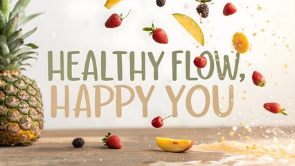 Floating Fruits in Motion Against a Healthy Happy You Text