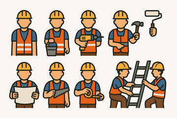 A set of 10 colored vector icons with fill and outline, depicting the same builder in a yellow helmet, blue vest with reflective stripes, and orange pants performing various actions.