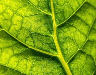 Close Up View of Vibrant Green Leaf Veins and Texture Illuminated by Sunlight Emphasizing Natural Details in Macro Photography for Botanical Study and Biology