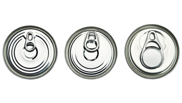 Three metal canned food tin cans with pull ring tabs shown from different angles, isolated on transparent background. Preserved food packaging