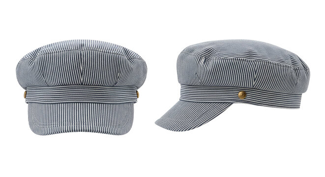 Vintage striped railroad engineer and train conductor cap in two views for retro work uniform
