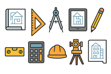A set of 10 colorful vector icons (with outline and fill) depicting the tools and attributes of an architect/civil engineer.