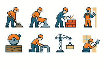 A set of 12 colorful vector illustrations (filled icons) depicting builders in orange helmets and work clothes performing various types of work.