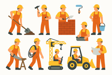 A set of 12 colorful vector illustrations (filled icons) depicting builders in orange overalls and yellow helmets performing various types of work.