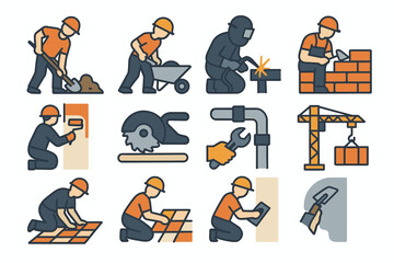 A set of 12 color illustrations (filled icons) depicting builders performing various types of work on a construction site. All workers are wearing orange helmets and protective clothing.