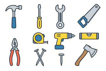 A set of 11 simple linear icons (pictograms) depicting basic hand and power tools for construction, repair, and carpentry work.