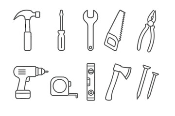 A set of 10 simple linear icons (pictograms) depicting basic hand and power tools for construction, repair, and carpentry work.