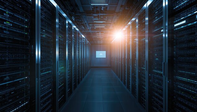 Expansive server room packed with numerous data racks and vibrant lighting effect, designed for cloud computing