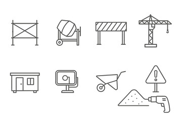 10 line art construction site icons (black outlines, no fill). Perfect for instructions, safety, construction, infographics.