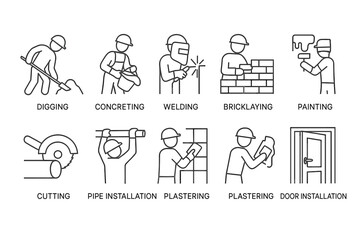 Fototapeta premium 10 icons of construction processes with workers in line art + label style (black outlines + text in English). Each icon is dynamic, featuring a person wearing a helmet, and minimalistic.