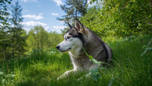 Husky dog resting on green grass during warm season, showcasing relaxation