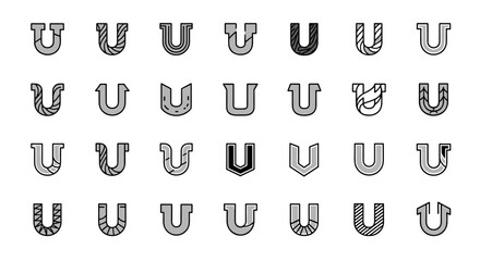 Collection of 28 unique letter U logo designs, presented as a vector cartoon illustration on a clean white background, featuring an ordered set of line icons with diverse stylistic variations and