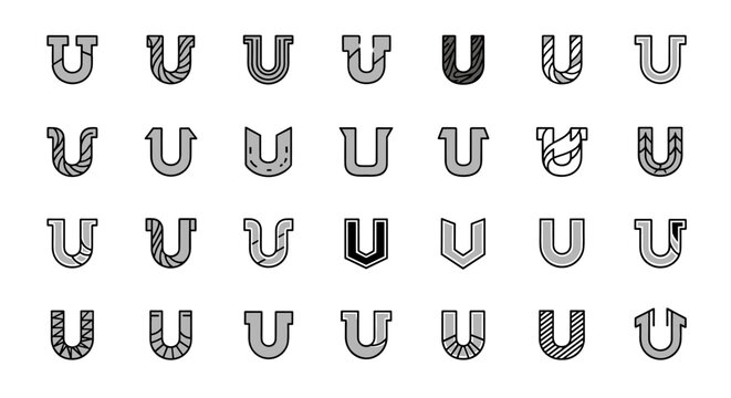 Collection of 28 unique letter U logo designs, presented as a vector cartoon illustration on a clean white background, featuring an ordered set of line icons with diverse stylistic variations and