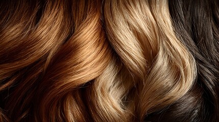 Naklejka premium Extreme close-up photo shows a variety of healthy, luscious hair types, from brunette waves to blonde balayage, highlighted by soft studio light.