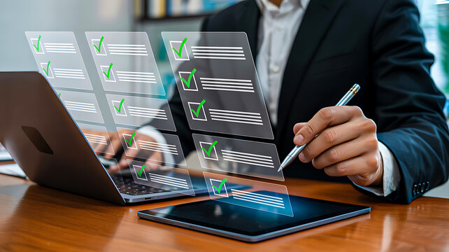 Businessman utilizing holographic interface to complete digital checklist and process tasks efficiently in modern office environment
