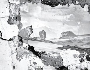 Close Up Wall with Eroded Plaster Revealing Faded Landscape Scene