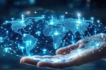 SD-WAN IIoT Digital transformation Geospatial data science Smart factory Decentralized social media Remote it Nuvocargo Proptech Aidash Hologram of world map with multiple points being hacked in real