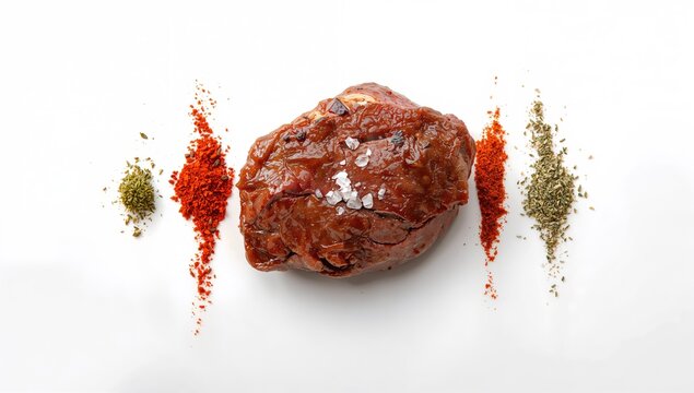 Beef tenderloin steak with assorted spices arranged on a white surface - Powered by Adobe